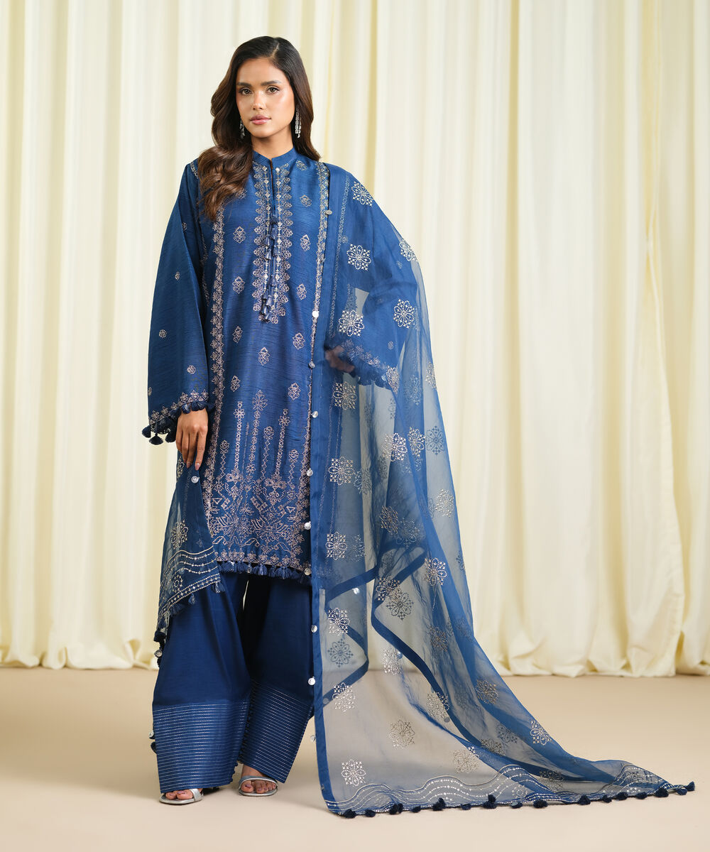 Women's Unstitched Raw Silk Embroidered Blue 3 Piece Suit