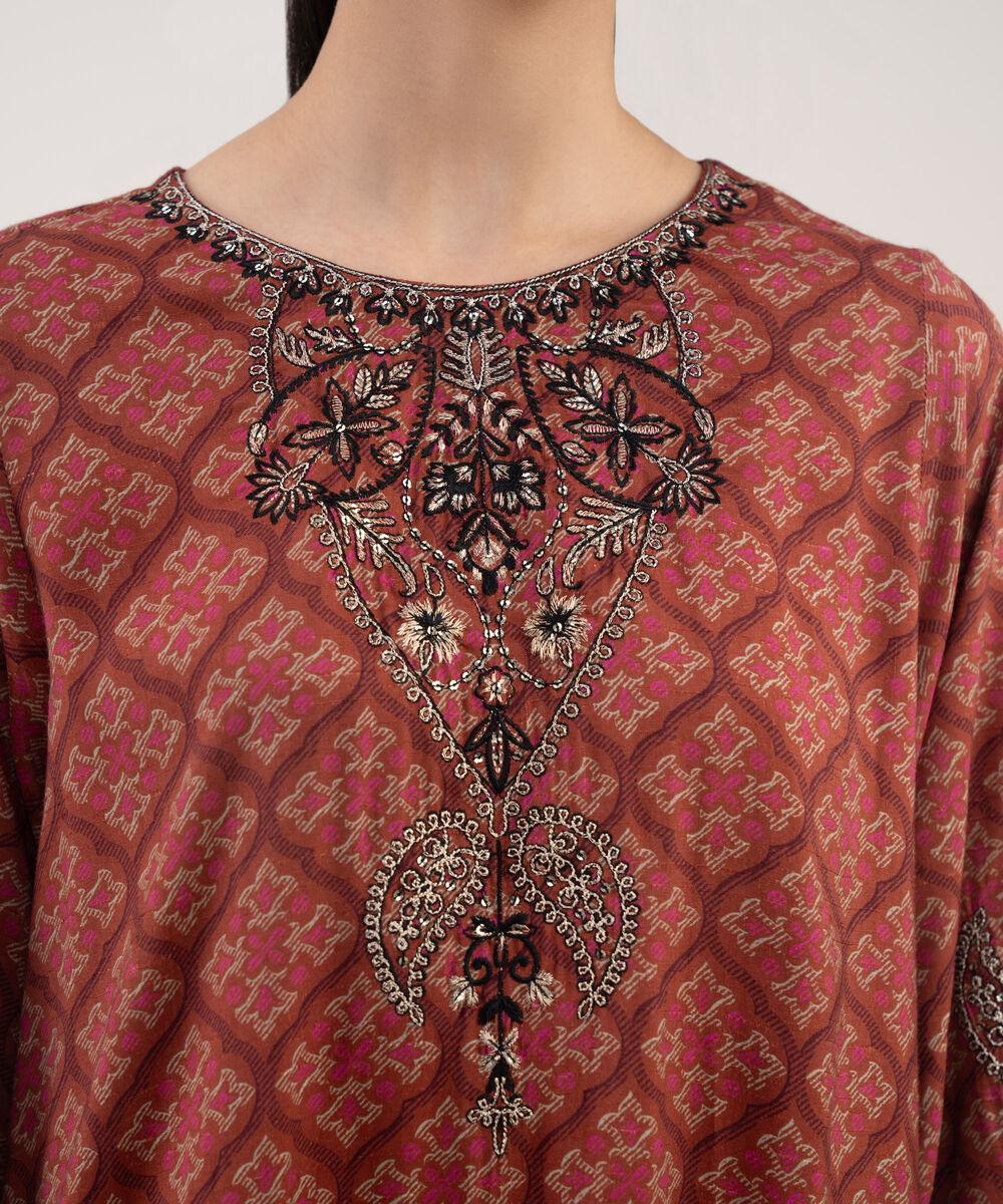 Women's RTW Textured Viscose Embroidered Rust 3 Piece Suit