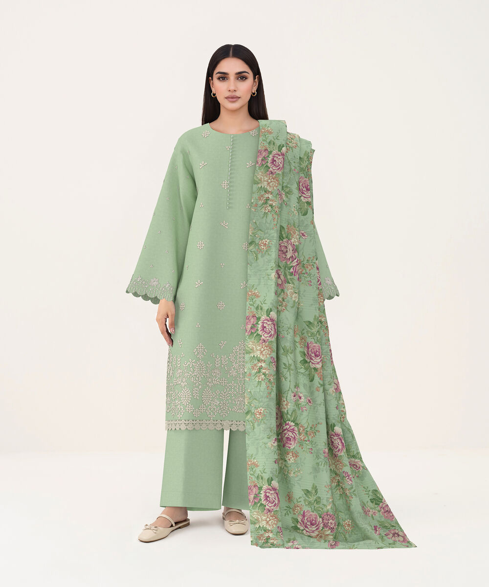 Women's Unstitched Self Jacquard Light Green Embroidered 3 Piece Suit