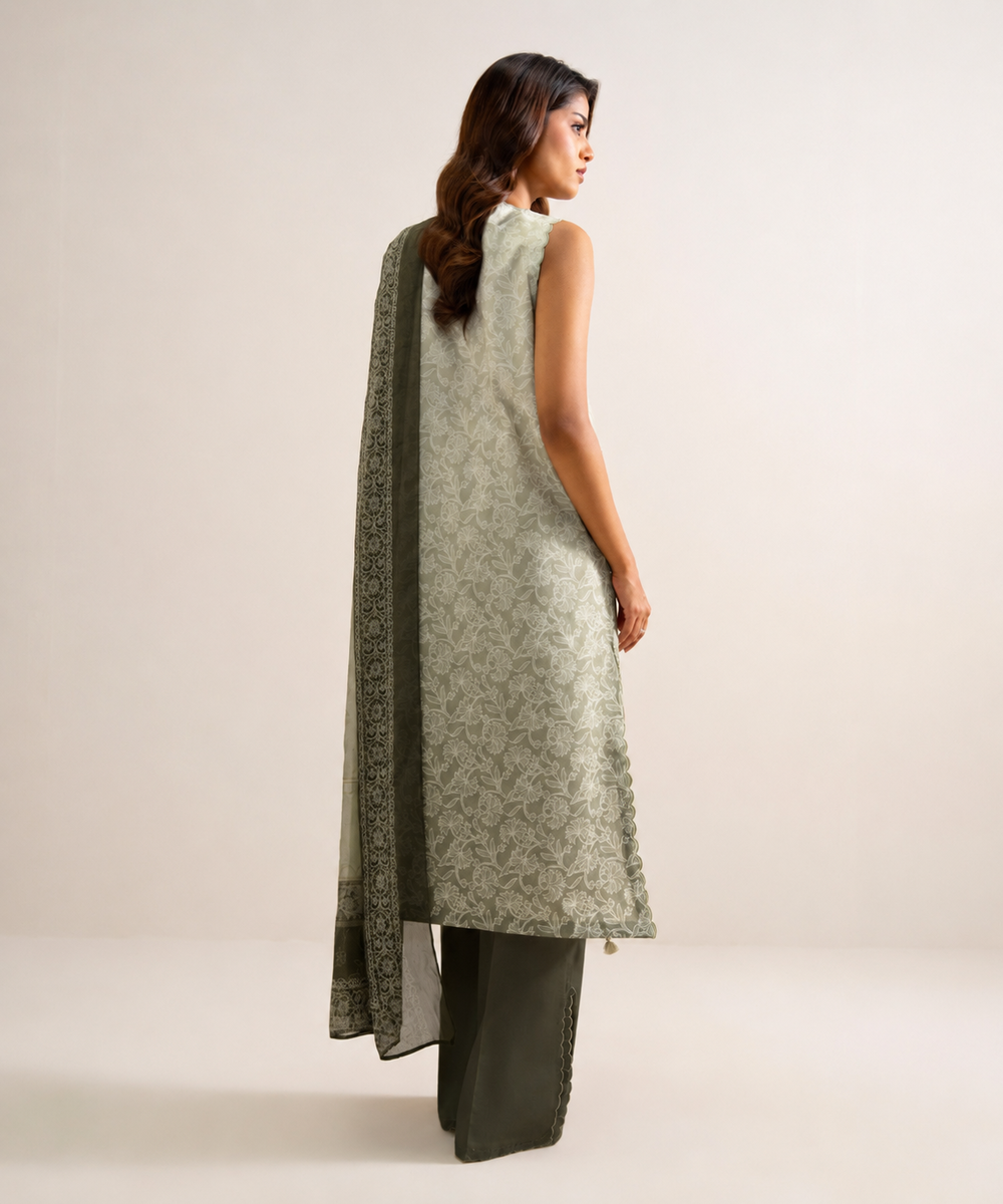 Women's Unstitched Lawn Embroidered Green 3 Piece Suit