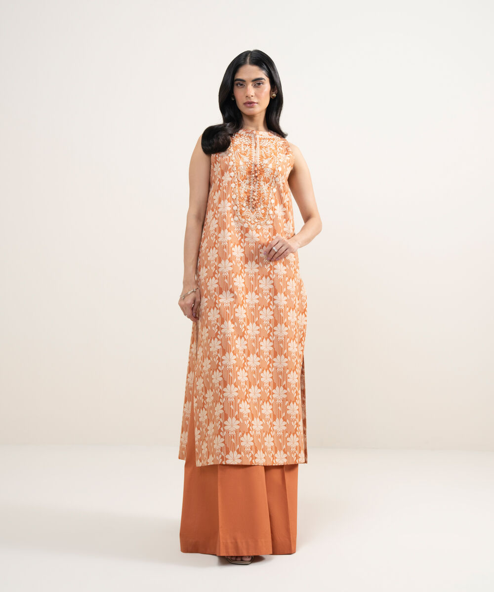 Women's Unstitched Lawn Embroidered Off White and Orange 2 Piece Suit