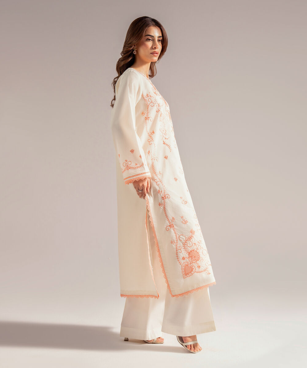 Women's RTW Zari Lawn Embroidered A-Line Off White Shirt