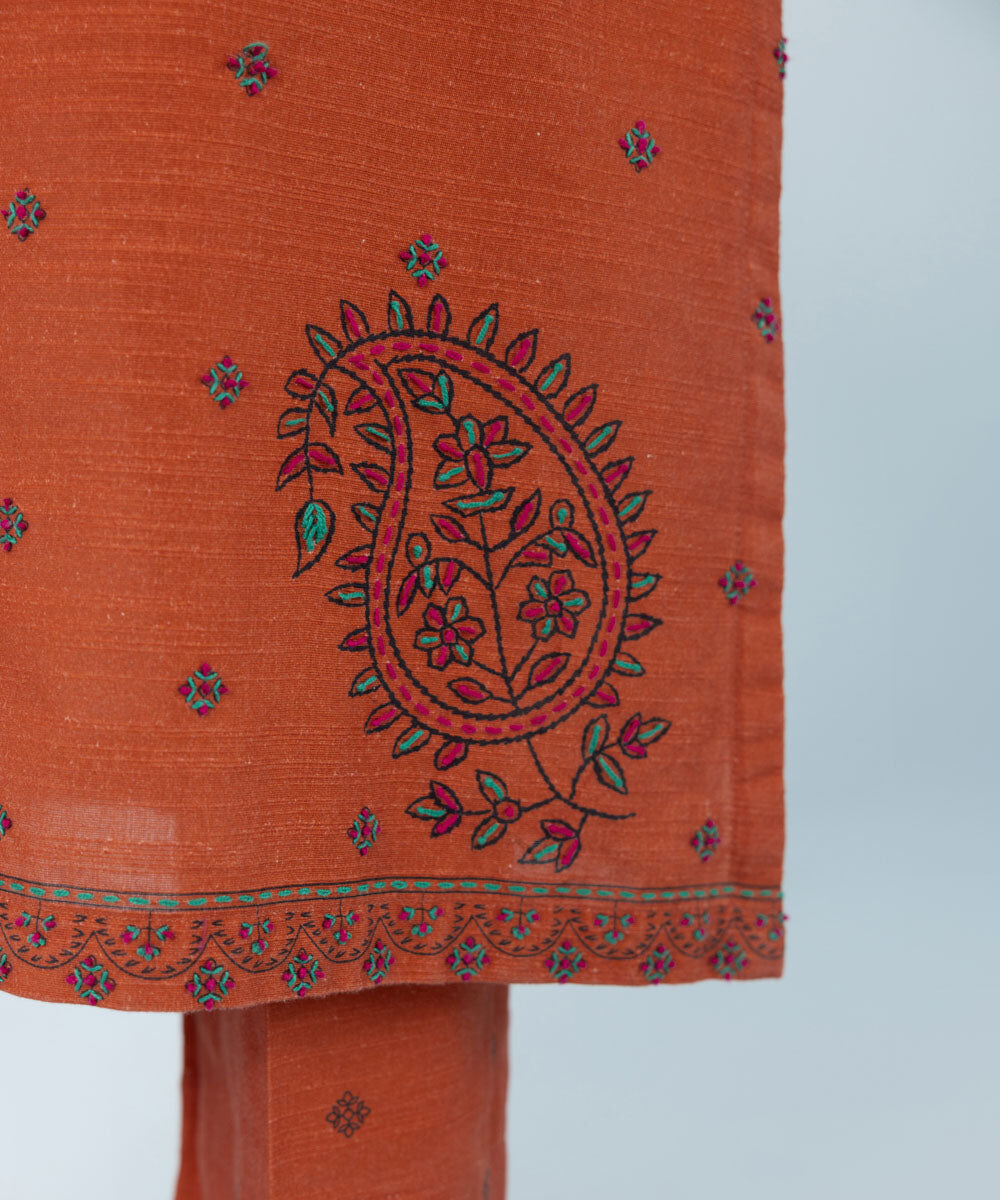 Women's Orange 2 Piece Embroidered Khaddar Suit