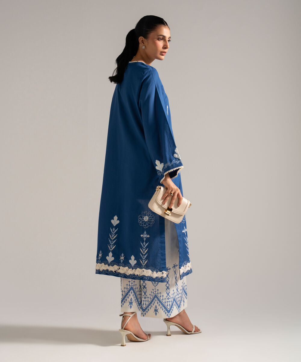 Women's RTW Dobby Embroidered Blue 2 Piece Suit