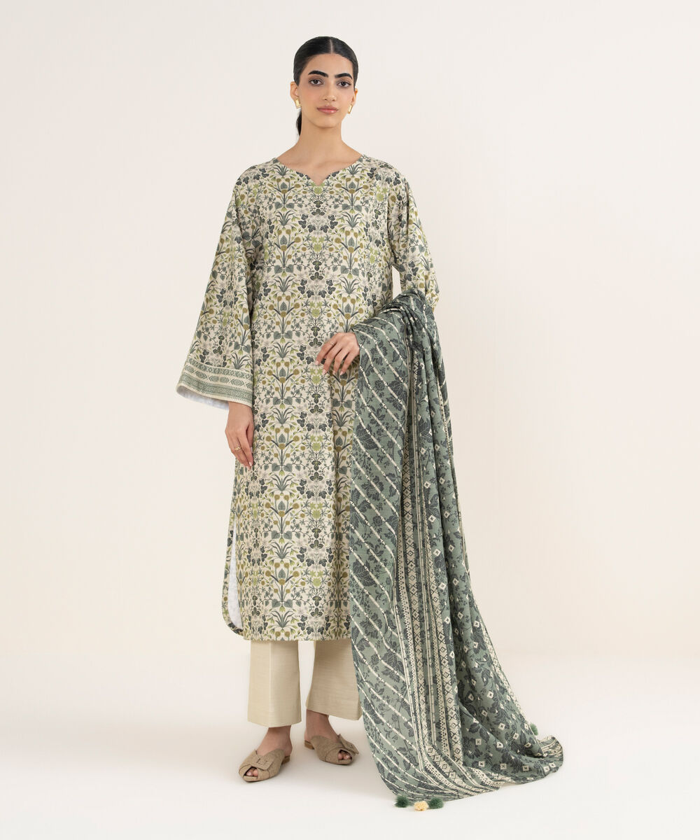Women's Unstitched Printed Khaddar Off White and Grey 3 Piece Suit