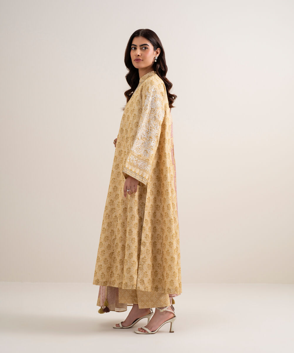 Women's Unstitched Lawn Embroidered Light Mustard 3 Piece Suit