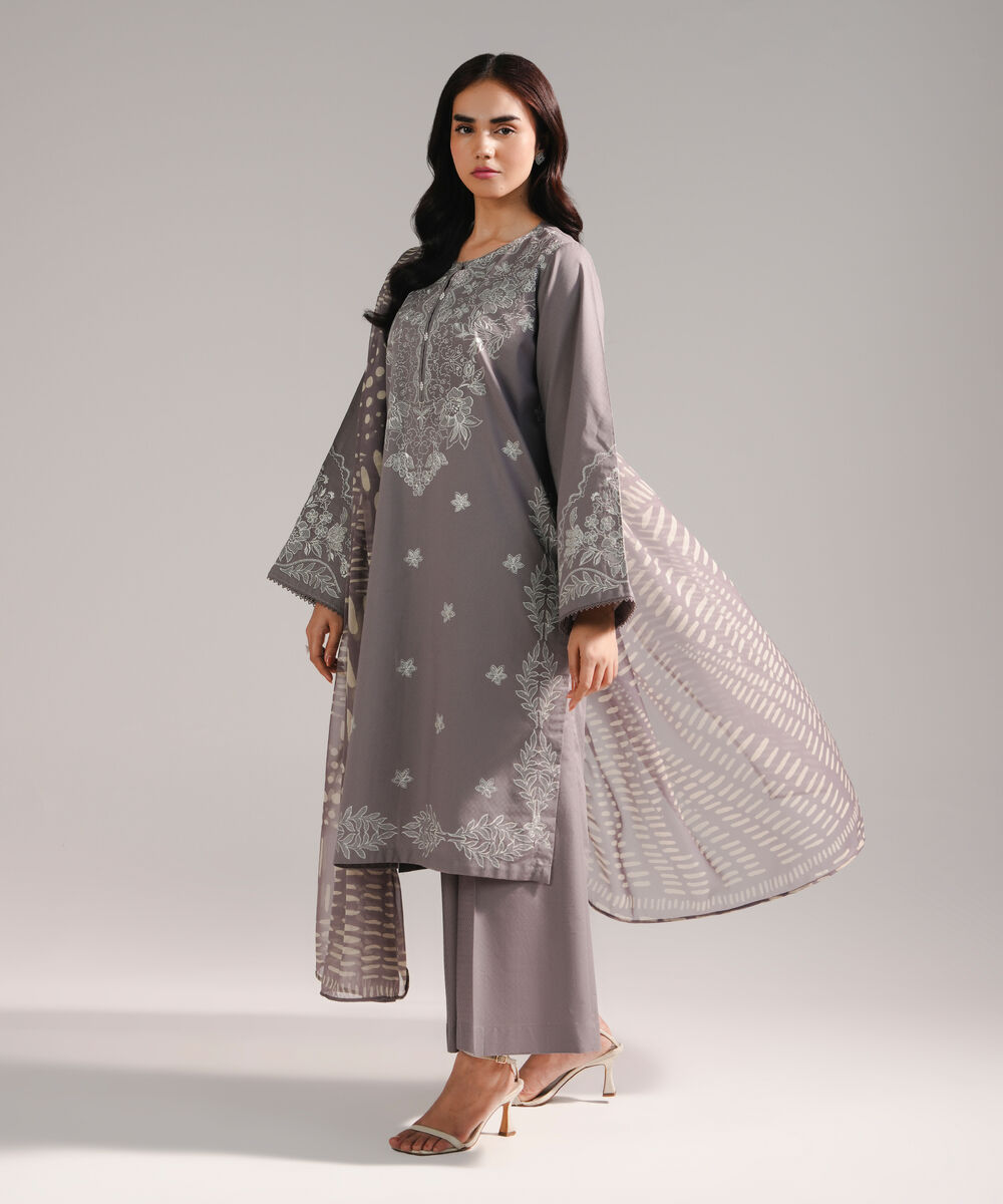 Women's RTW Dobby Embroidered Grey 3 Piece Suit