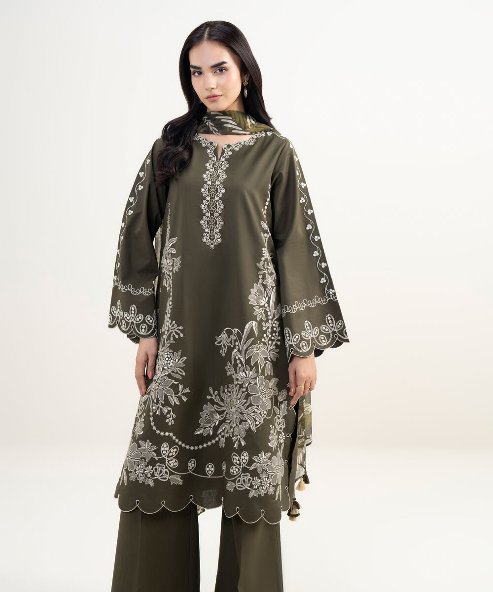 Women's Unstitched Textured Lawn Embroidered Green 3 Piece Suit