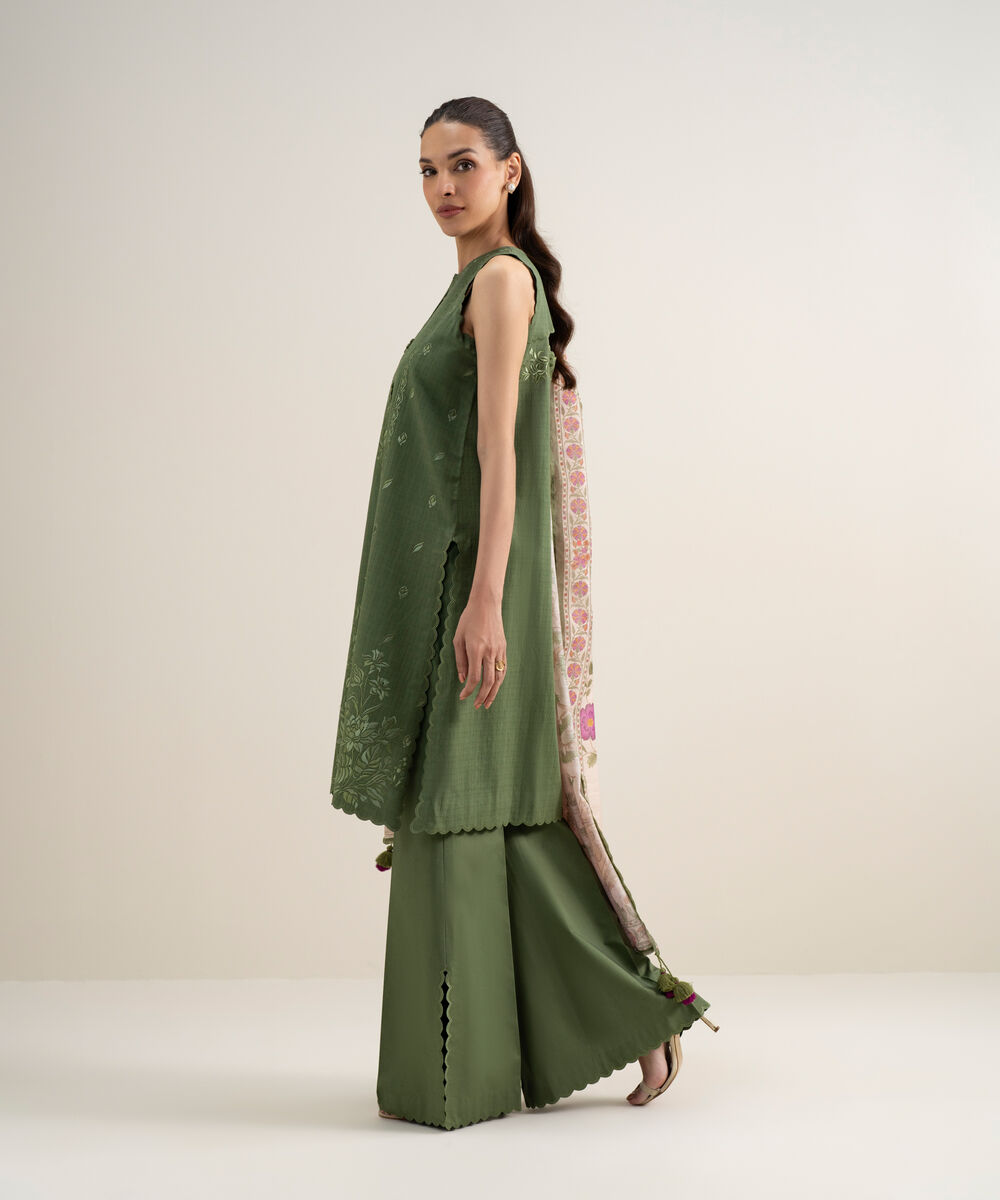 Women's Unstitched Dobby Embroidered Green 3 Piece Suit