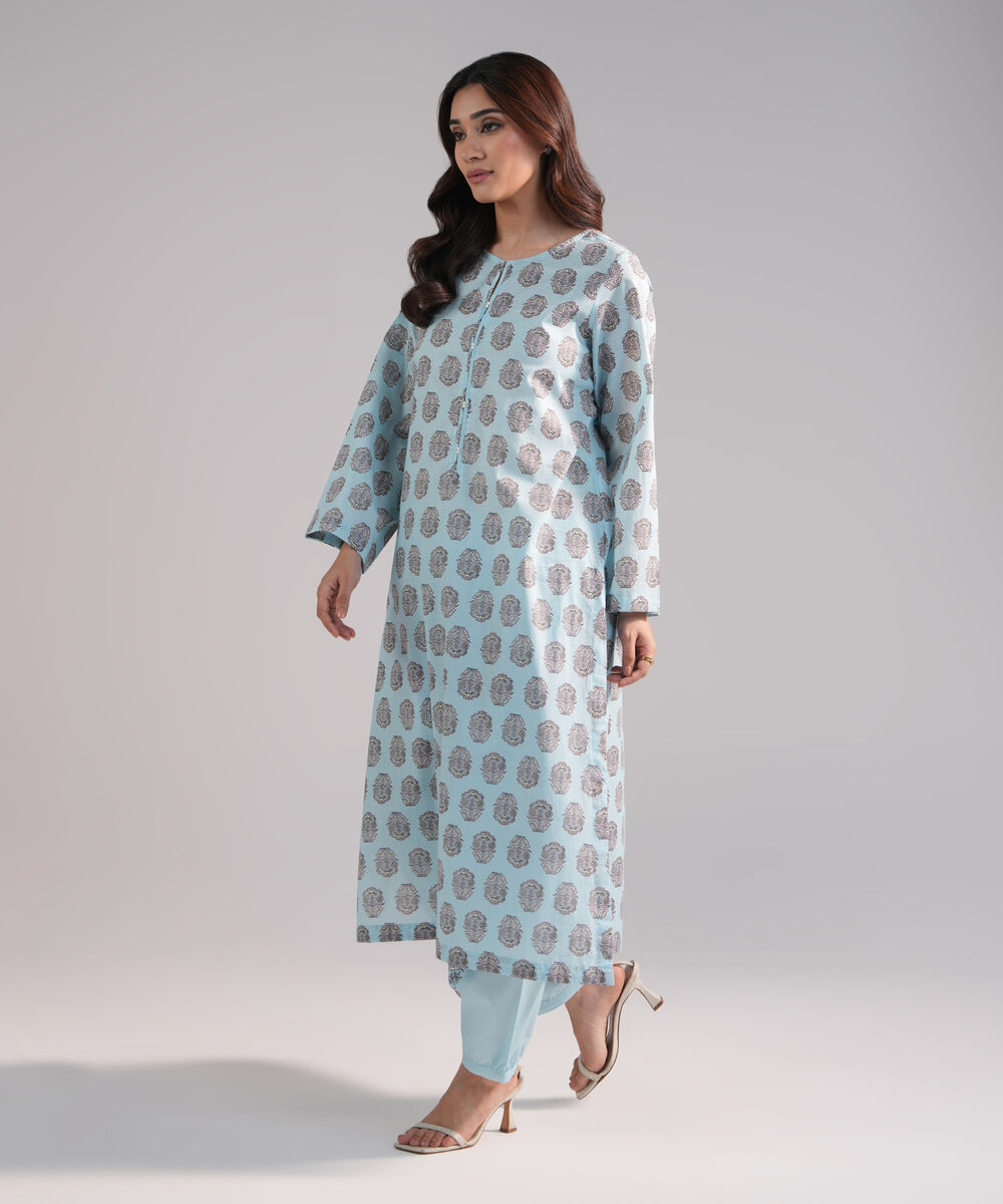 Women's RTW Slub Lawn Printed Blue Straight Shirt