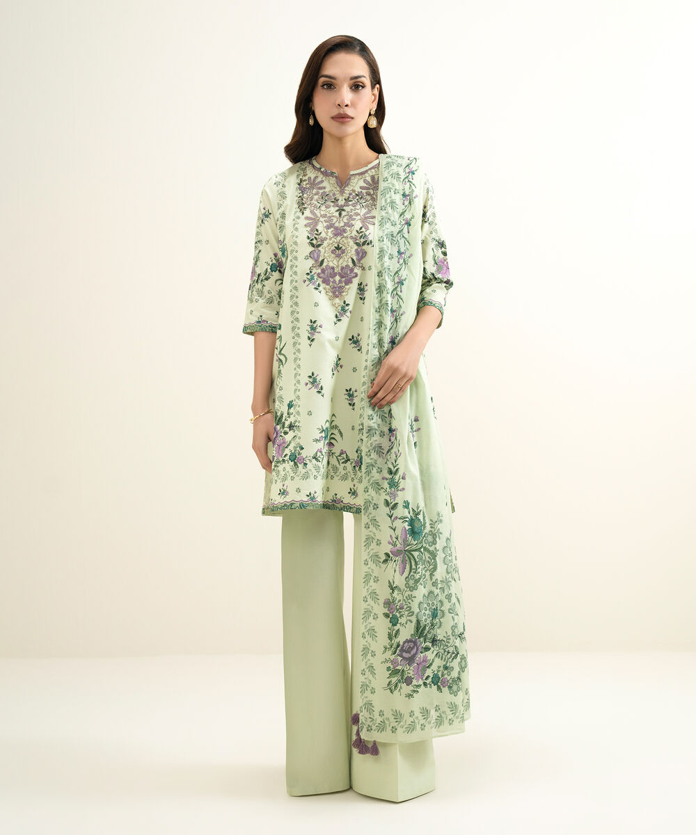 Women's Unstitched Lawn Embroidered Green 3 Piece Suit