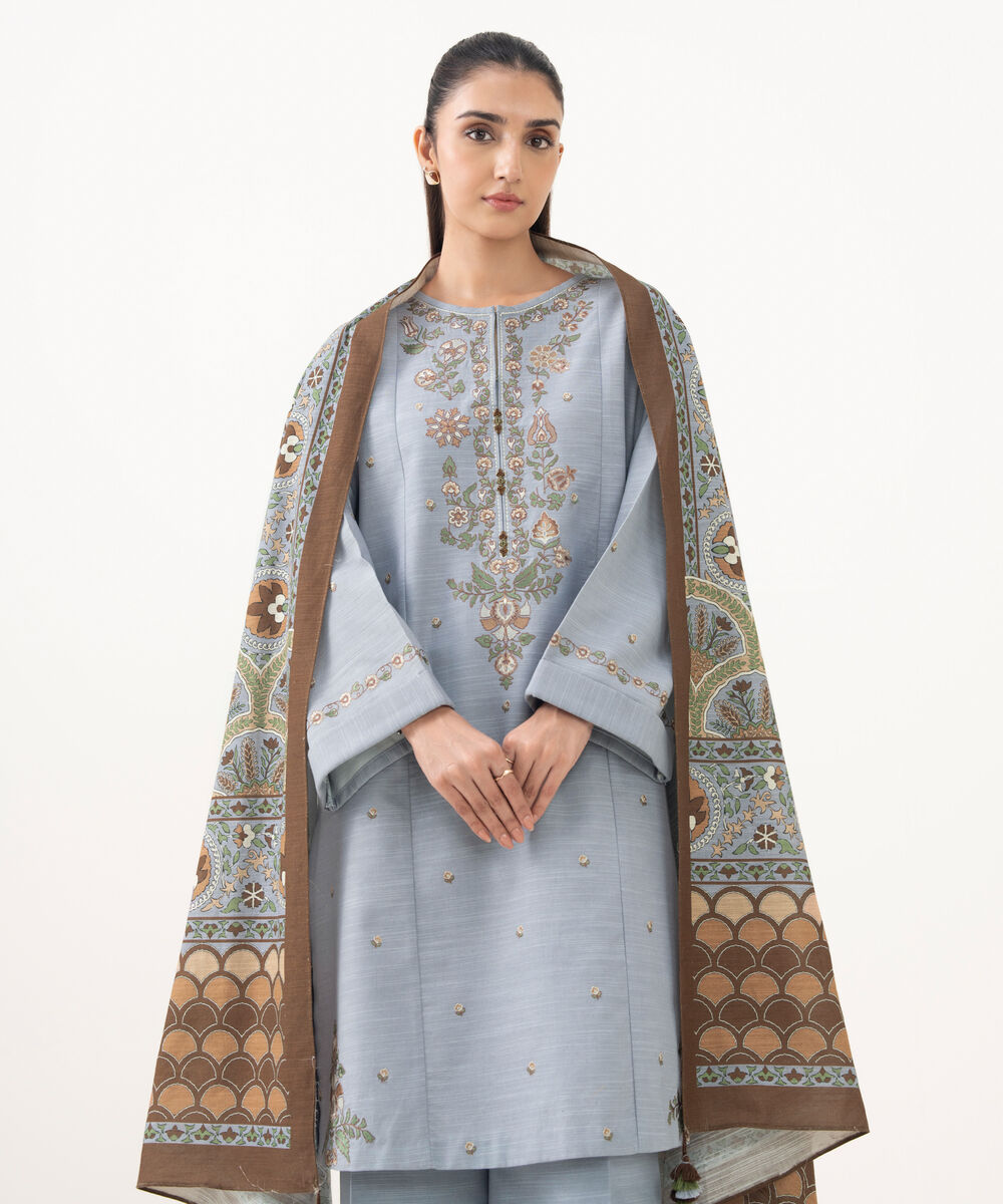 Women's Unstitched Cotton Embroidered Blue 3 Piece Suit