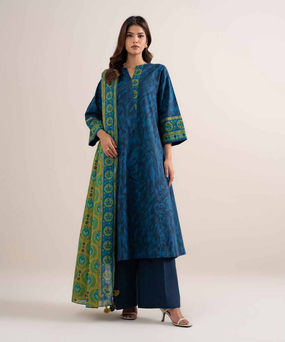 Women's Unstitched Lawn Printed Dark Blue 3 Piece Suit