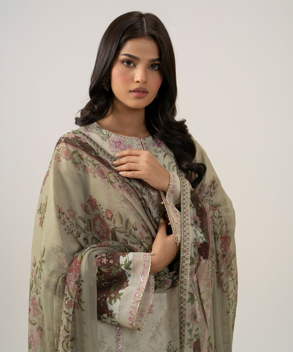 Women's Unstitched Blended Chiffon Embroidered Beige 3 Piece Suit