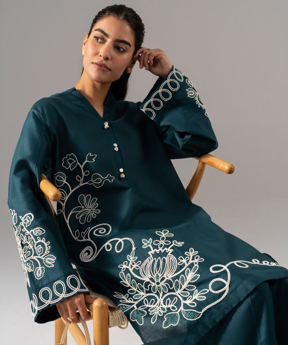 Women's RTW Cotton Linen Embroidered Green 2 Piece Suit