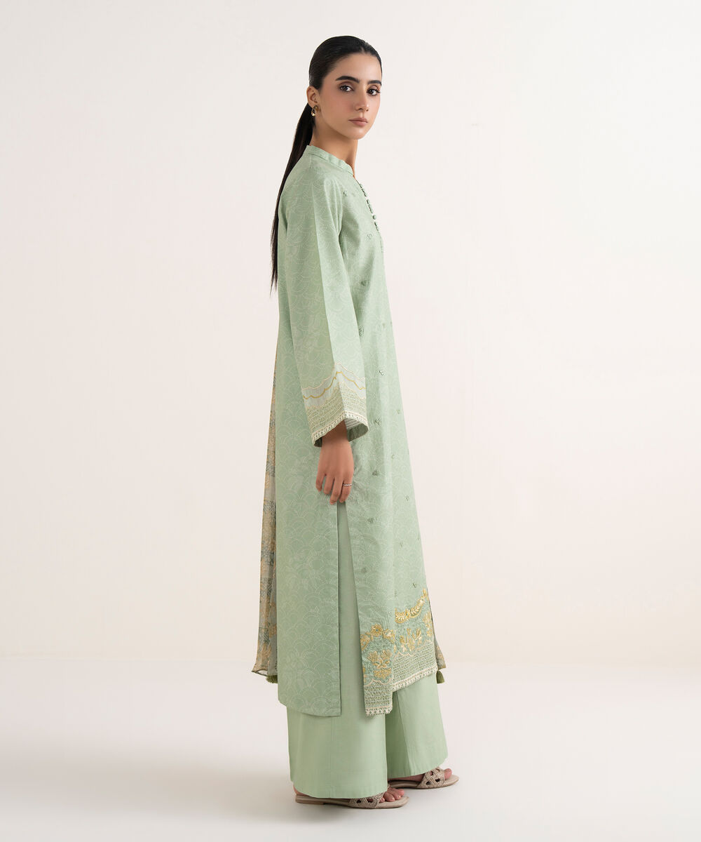 Women's Unstitched Cotton Embroidered Green Three Piece Suit