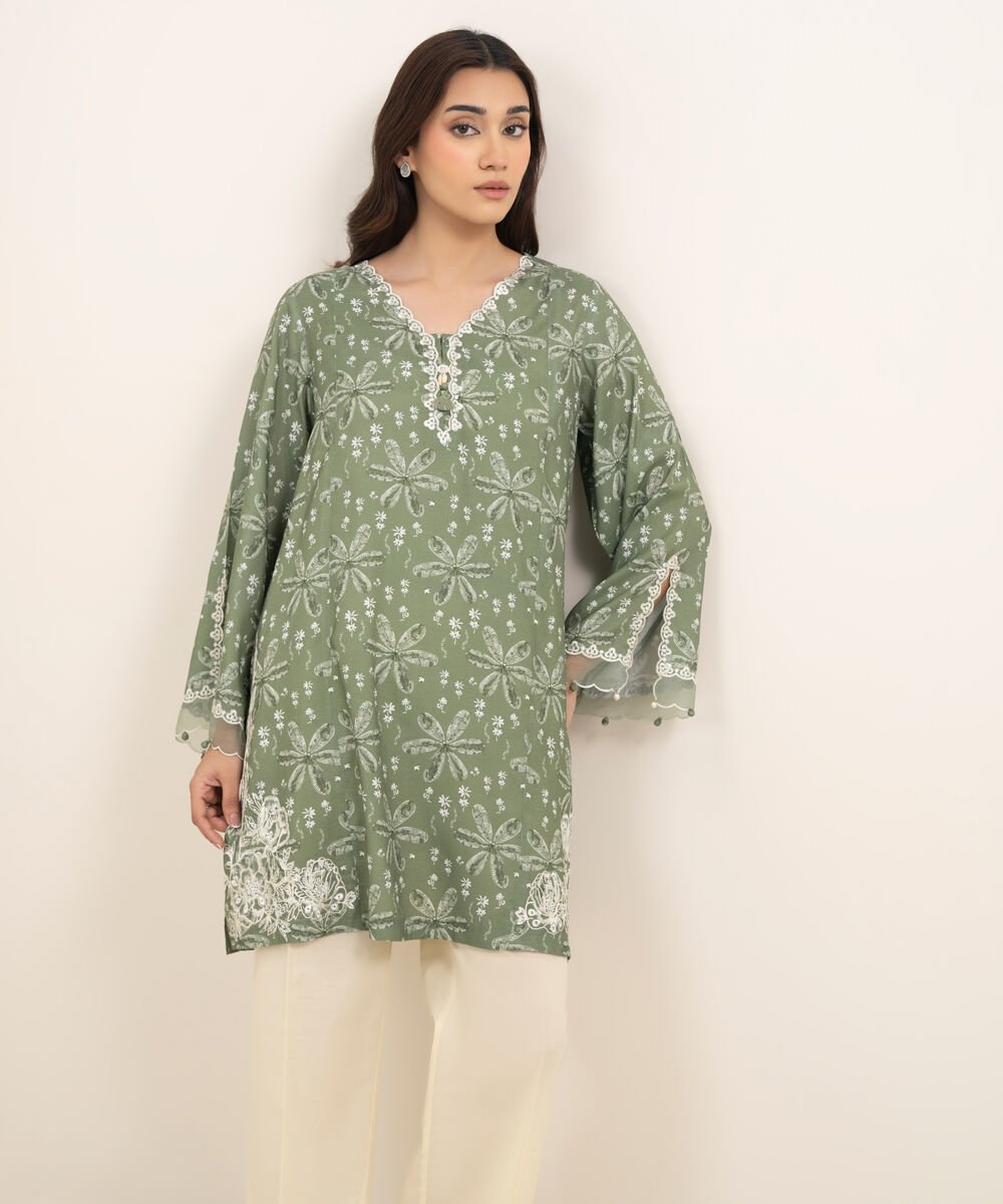 Women's RTW Viscose Raw Silk Embroidered Green Straight Shirt
