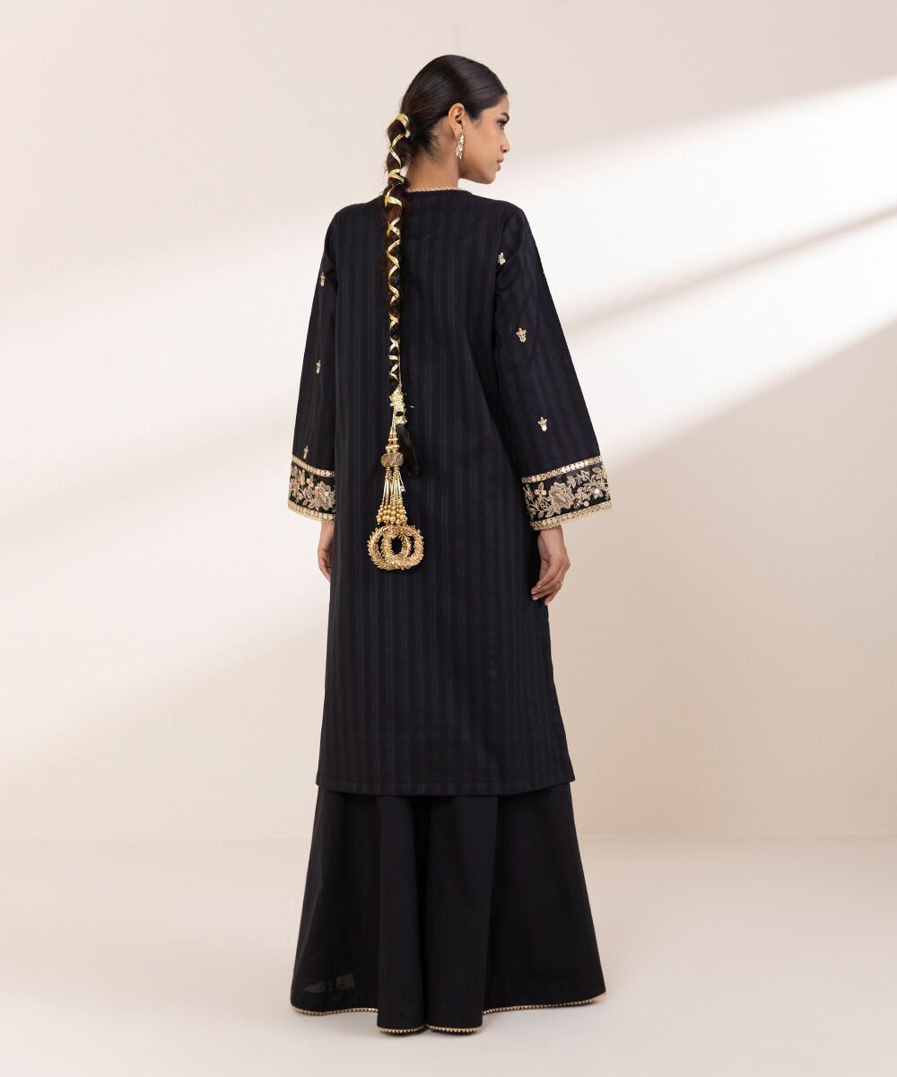 Women's RTW Dobby Black Embroidered A-Line Shirt