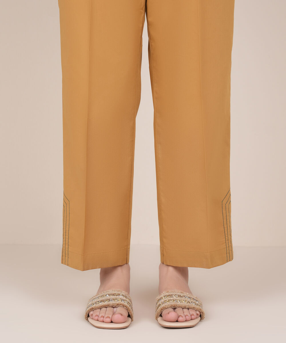 Women's RTW Cambric Brown Solid Straight Pants