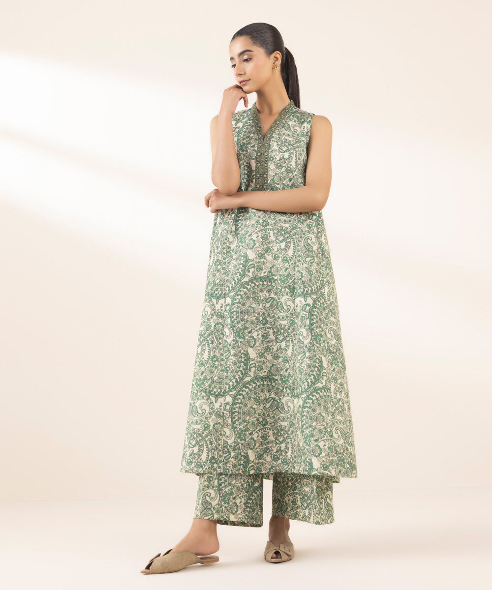 Woman - Green 2 Piece - Printed Khaddar Suit