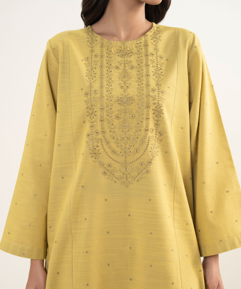 Women's Unstitched Zari Khaddar Yellow  3 Piece Suit