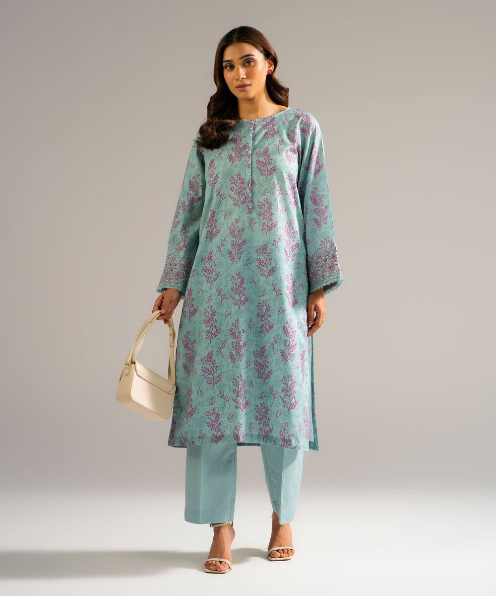 Women's RTW Self Jacquard Embroidered Blue 2 Piece Suit