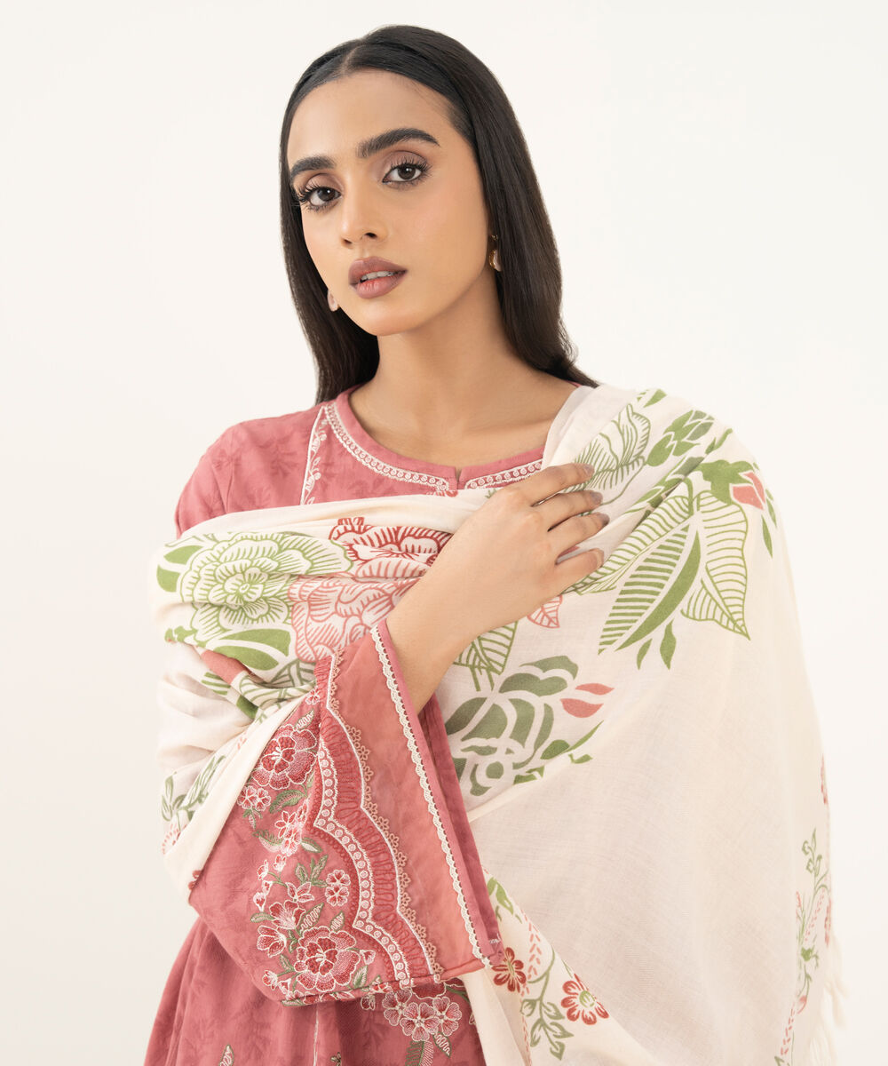 Women's Unstitched Embroidered Cotton Jacquard coral 3 Piece Suit