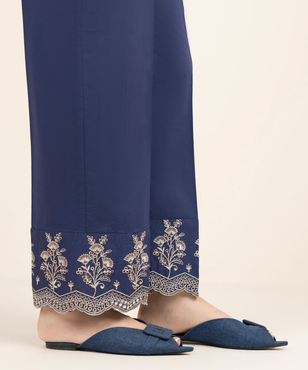 Women's RTW Cambric Embroidered Blue Straight Pants