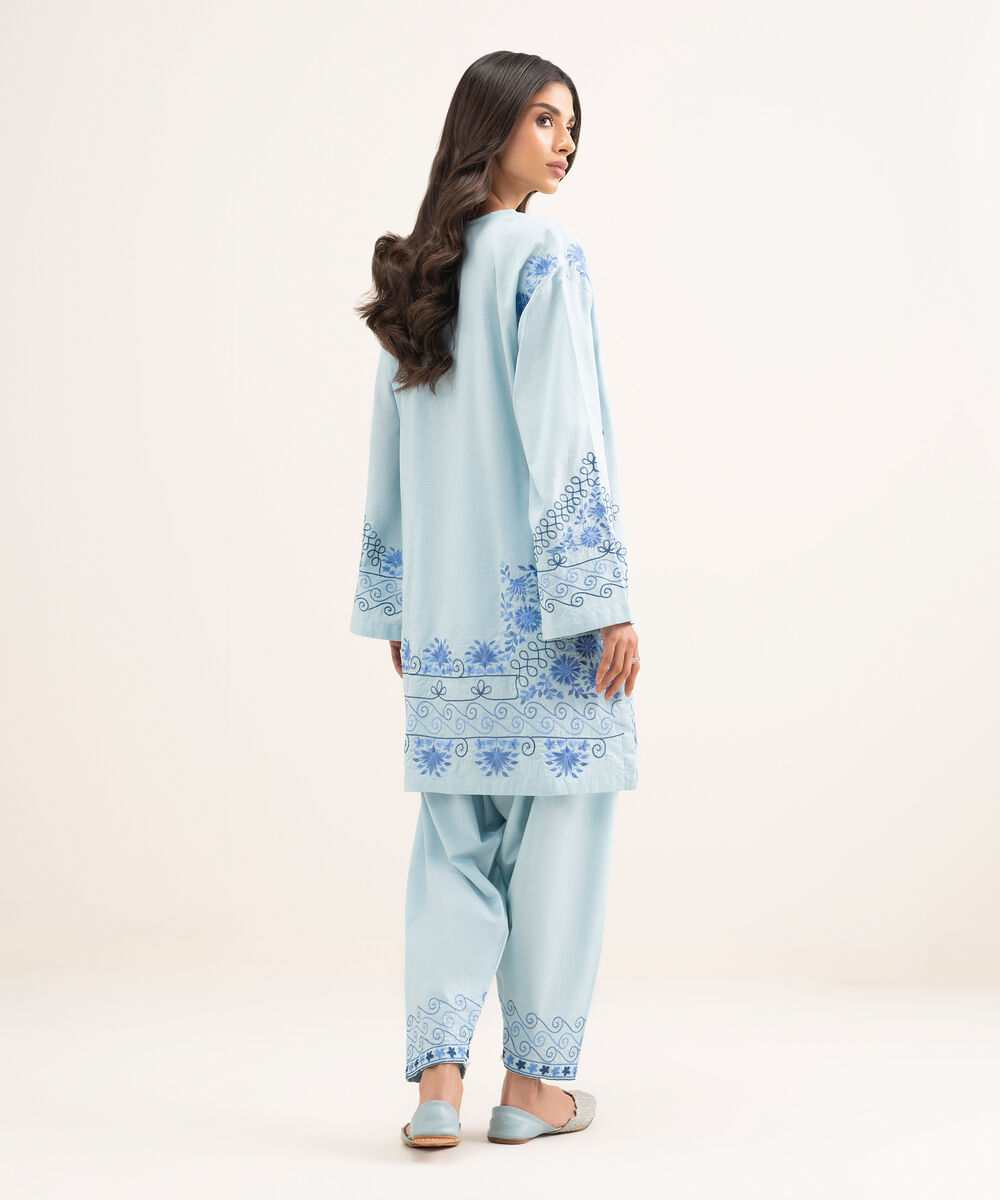Women's RTW Self Jacquard Embroidered Blue Straight Shirt