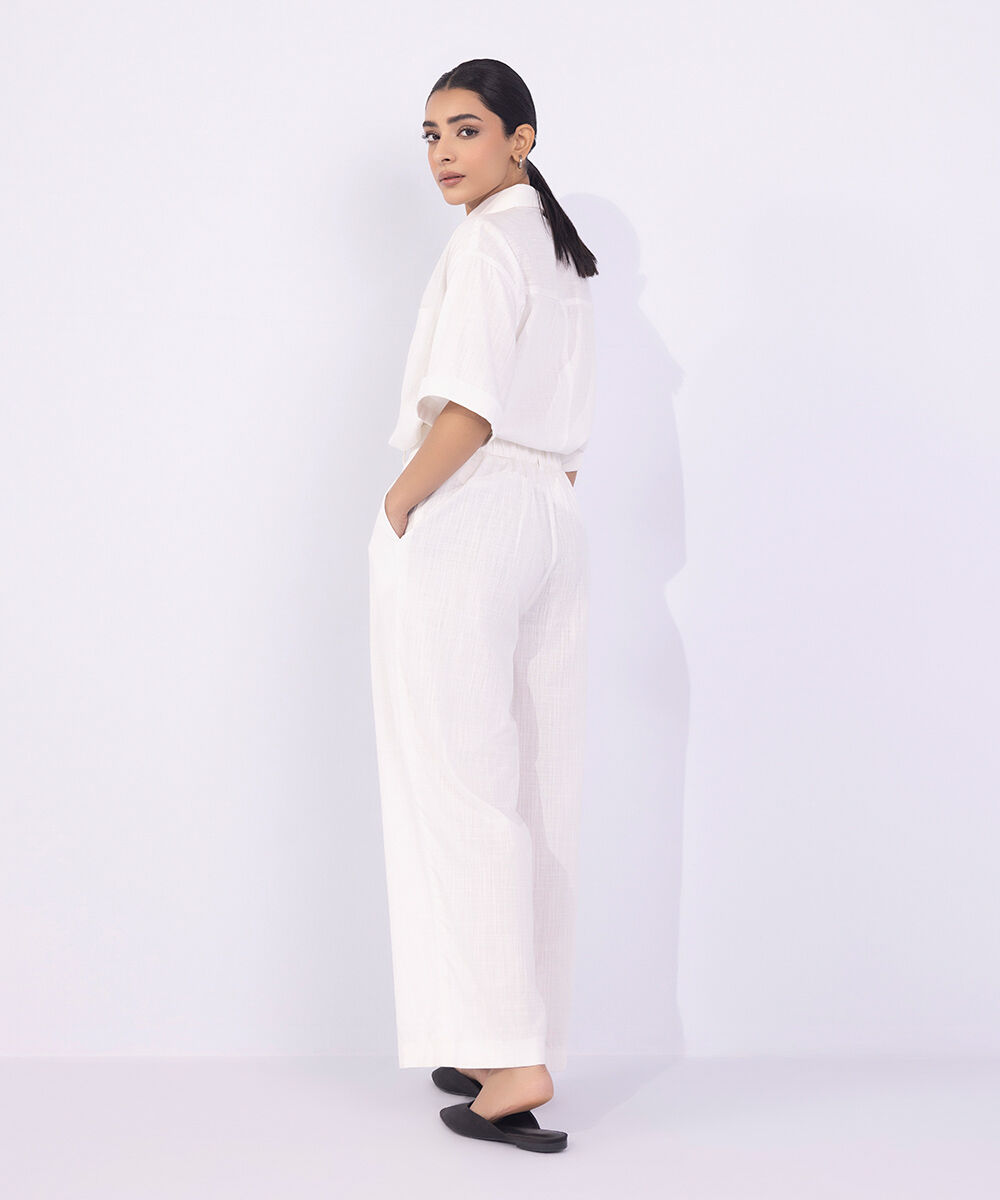 Women's Western Wear White Straight-Leg Textured Trousers