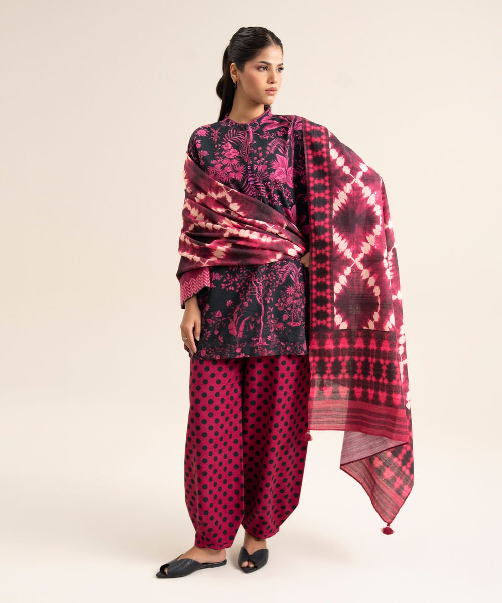 Women's Unstitched Premium Khaddar Printed Pink 3 Piece Suit