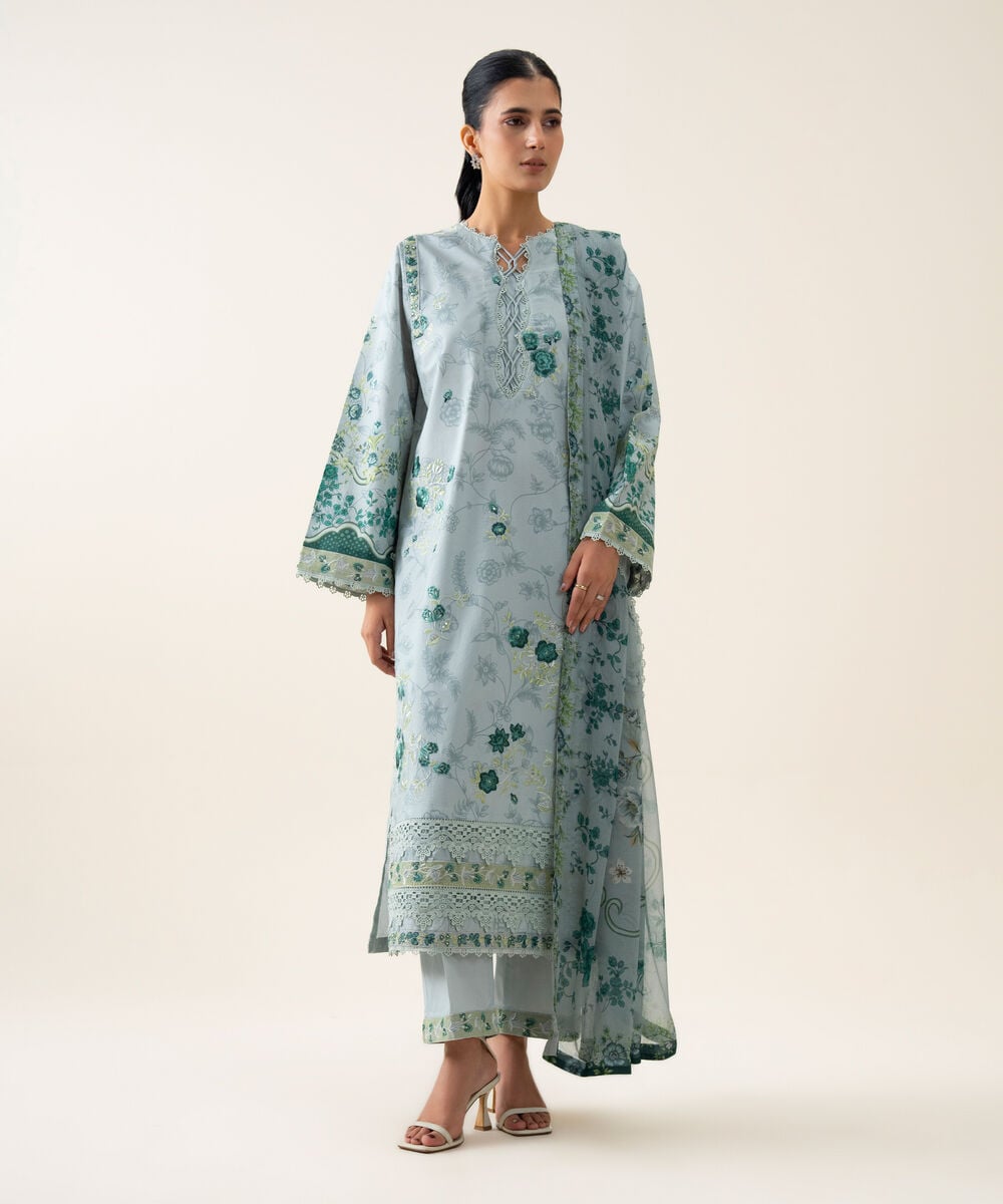 Women's Unstitched Blended Chiffon Embroidered Blue 3 Piece Suit