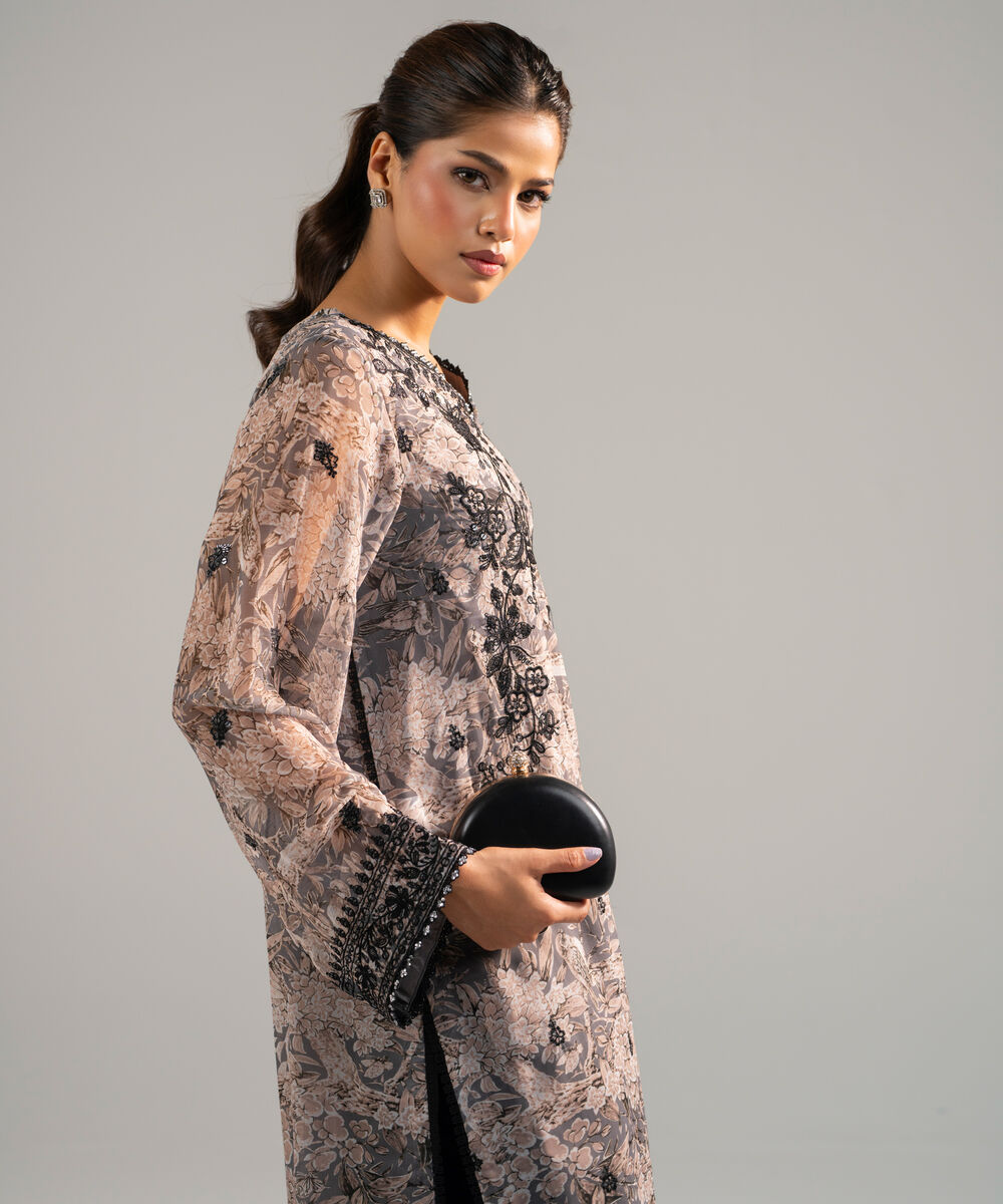 Women's RTW Chiffon Embroidered Grey 2 Piece Suit