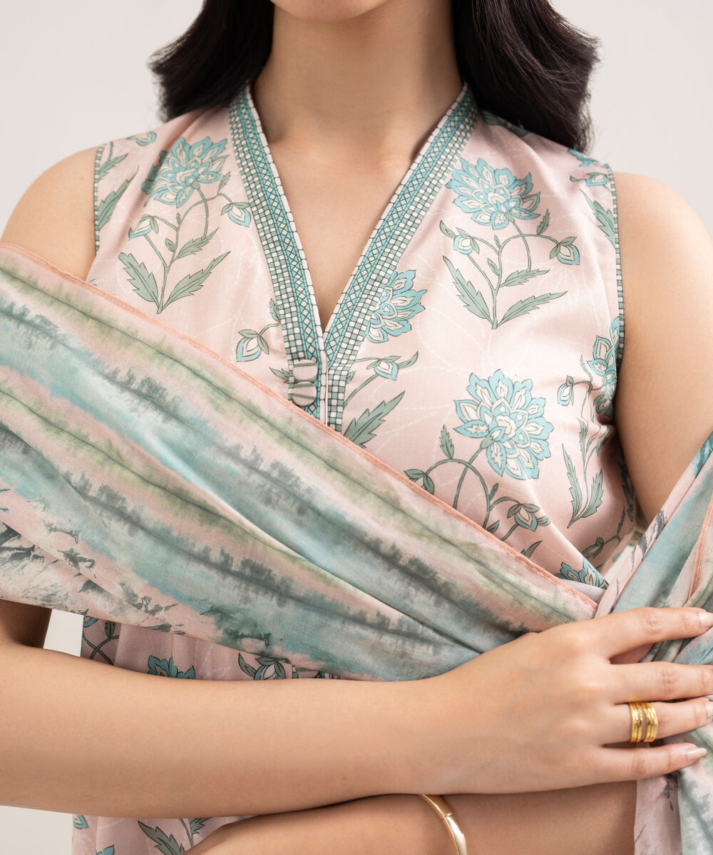 Women's Unstitched Lawn Printed Pink 3 Piece Suit