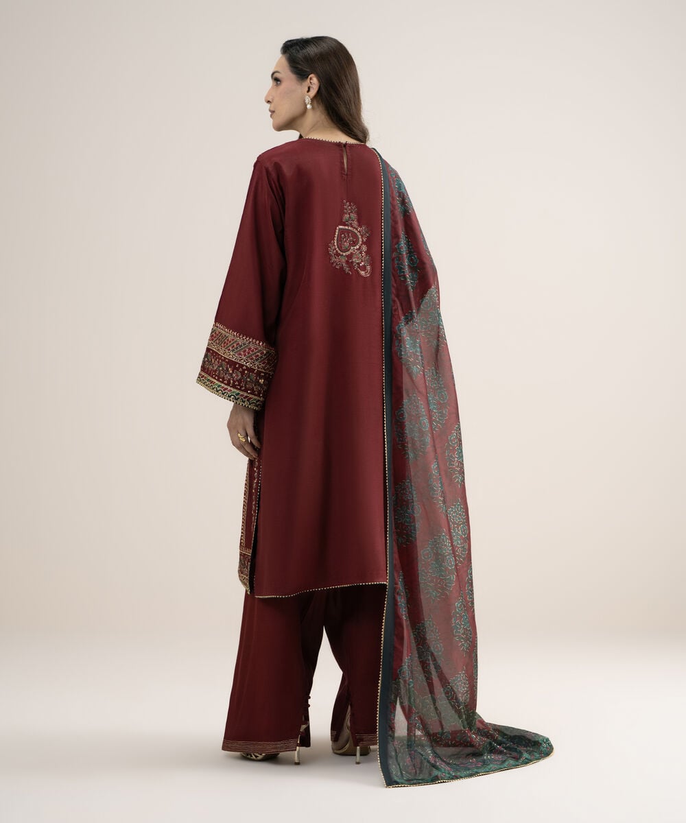 Women's Unstitched Embroidered Blended Raw Silk Red 3 Piece Suit