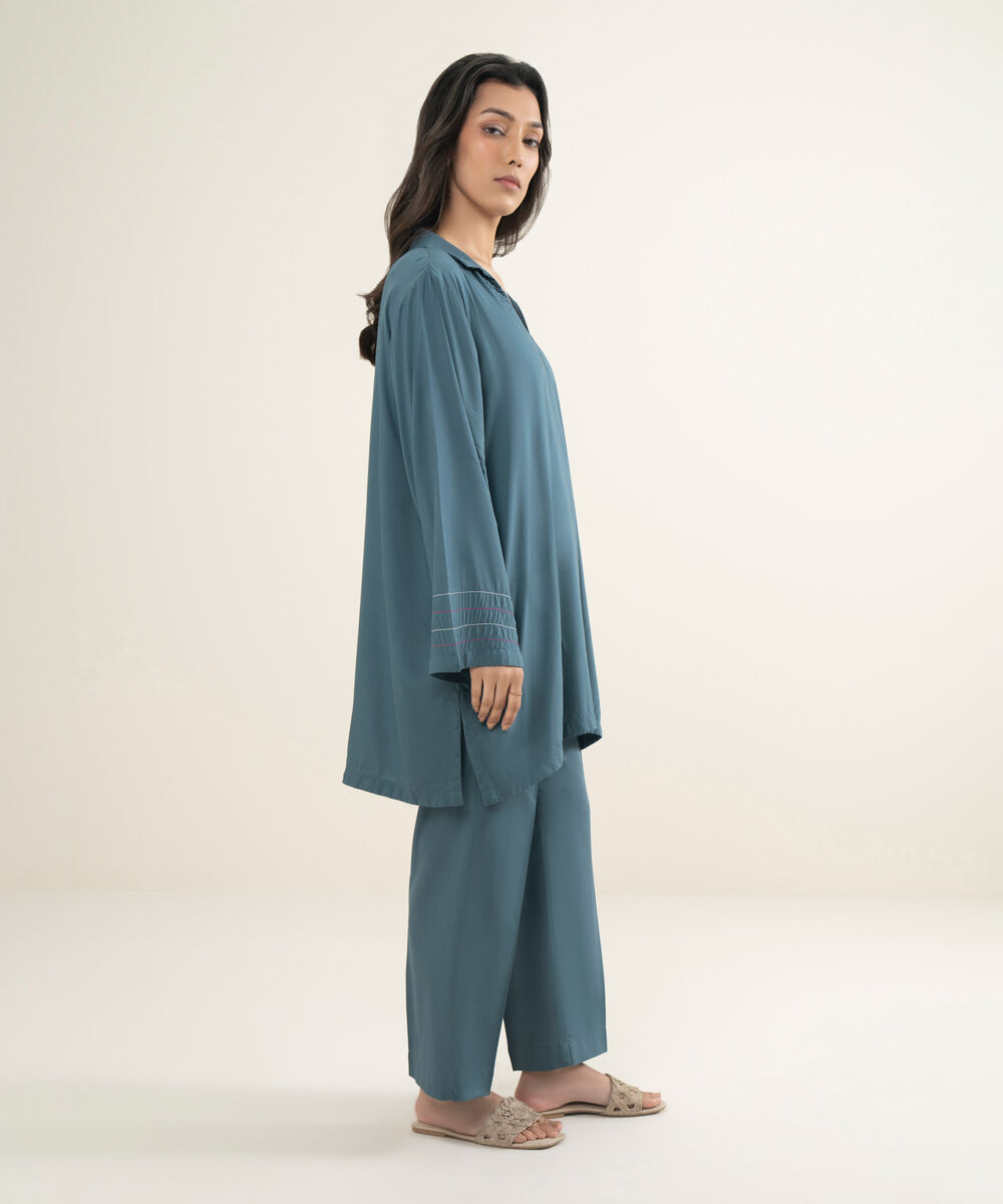 Women's RTW Arabic Lawn Solid Teal Drop Shoulder Shirt