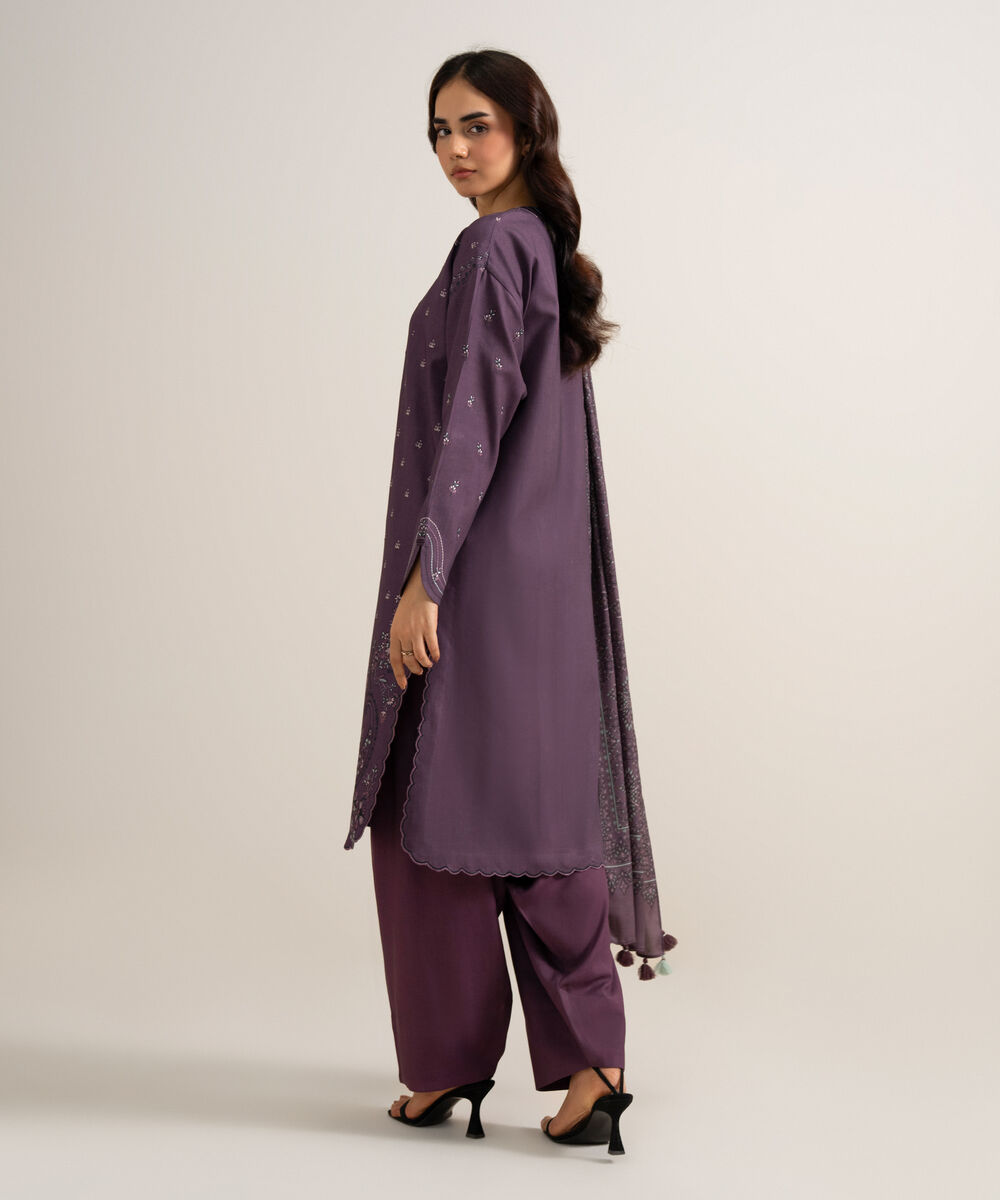 Women's Unstitched Embroidered Linen Purple 3 Piece Suit