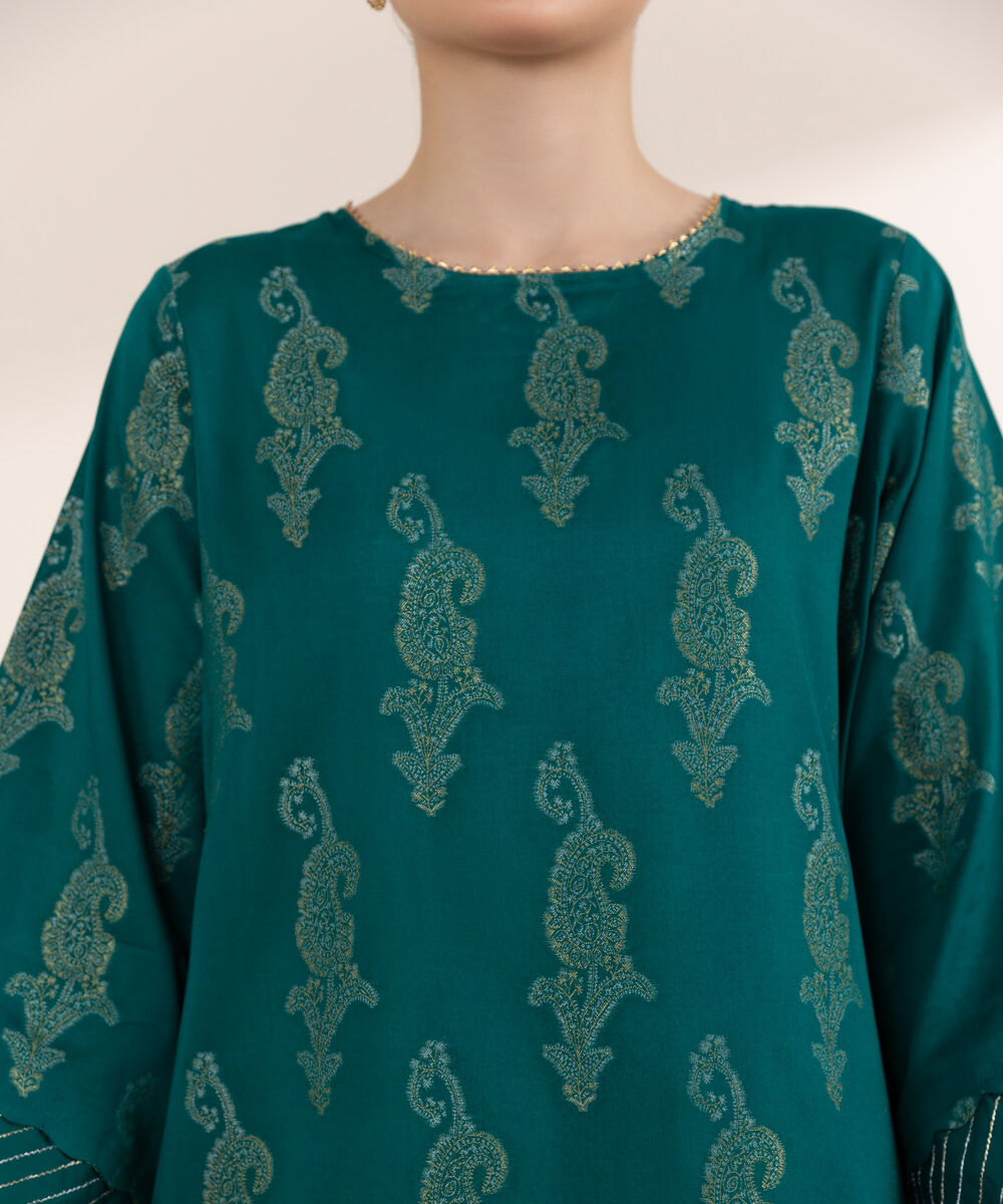 Women's RTW Extra Weft Jacquard Green Solid A-Line Shirt