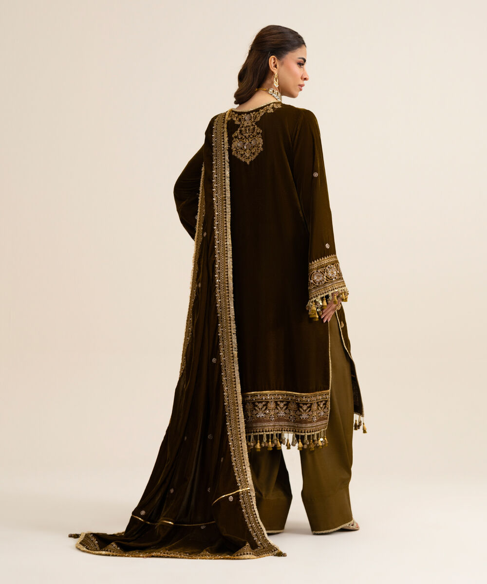 Women's Unstitched Velvet Embroidered Dark Brown 3 Piece Suit