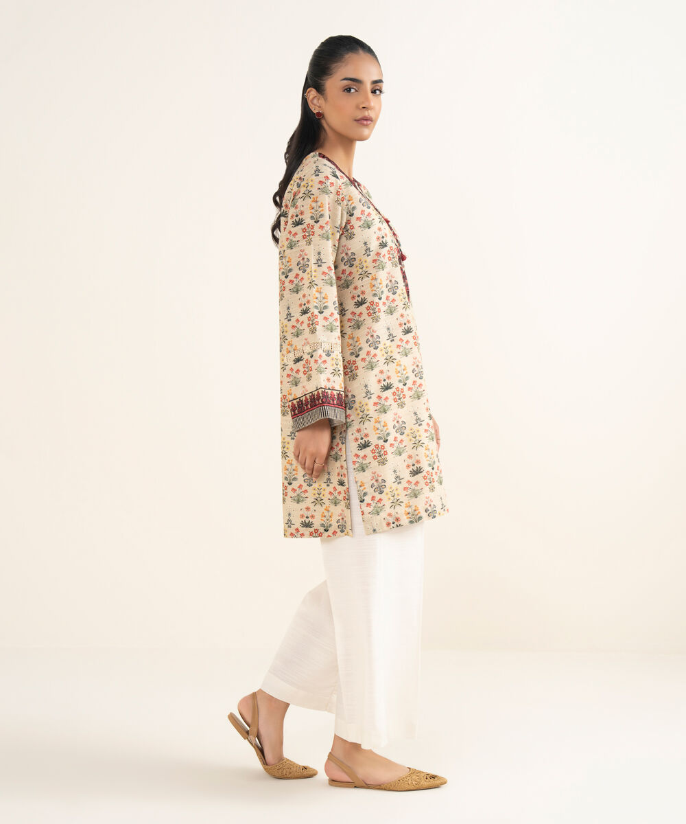 Women's RTW Khaddar Embroidered Beige A-Line Shirt