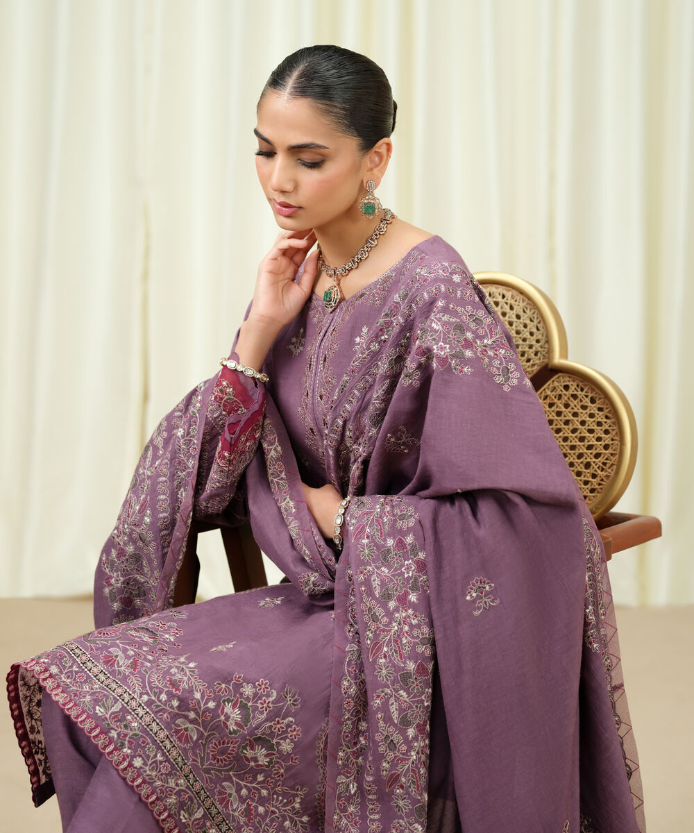 Women's Unstitched Viscose Karandi Embroidered Purple 3 Piece Suit