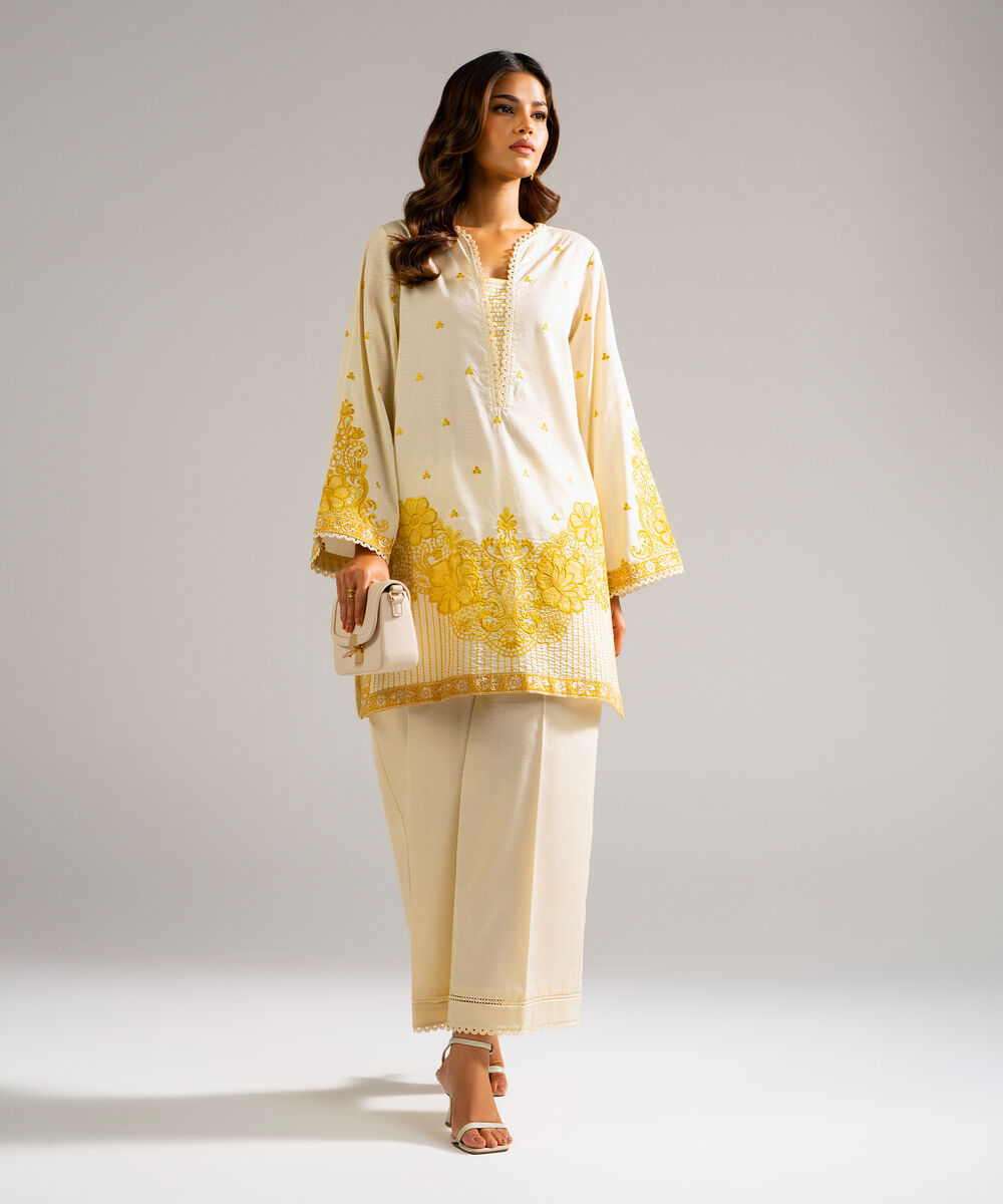 Women's RTW Self Jacquard Embroidered Pale Yellow 2 Piece Suit