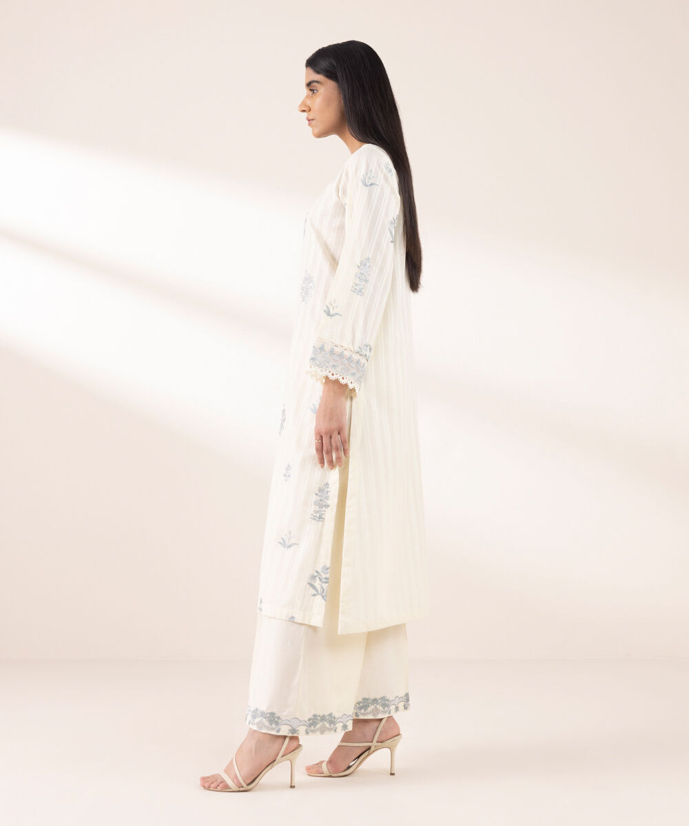 Women's RTW Dobby Beige Embroidered A-Line Shirt