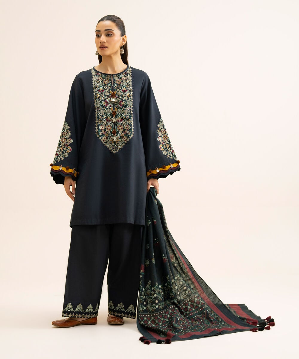 Women's Unstitched Light Khaddar Embroidered Black 3 Piece Suit