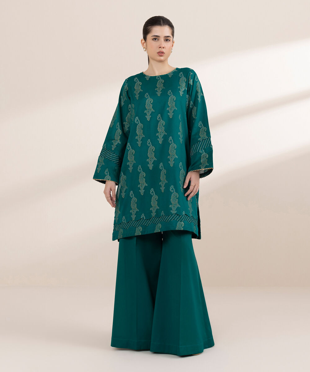 Women's RTW Extra Weft Jacquard Green Solid A-Line Shirt