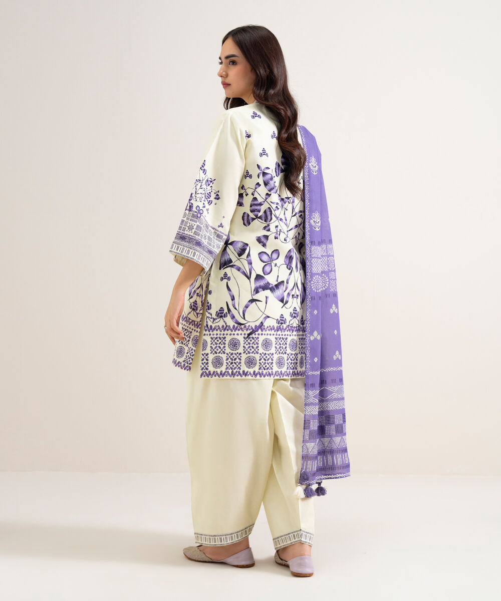 Women's Unstitched Cotton Printed Off White  3 Piece Suit