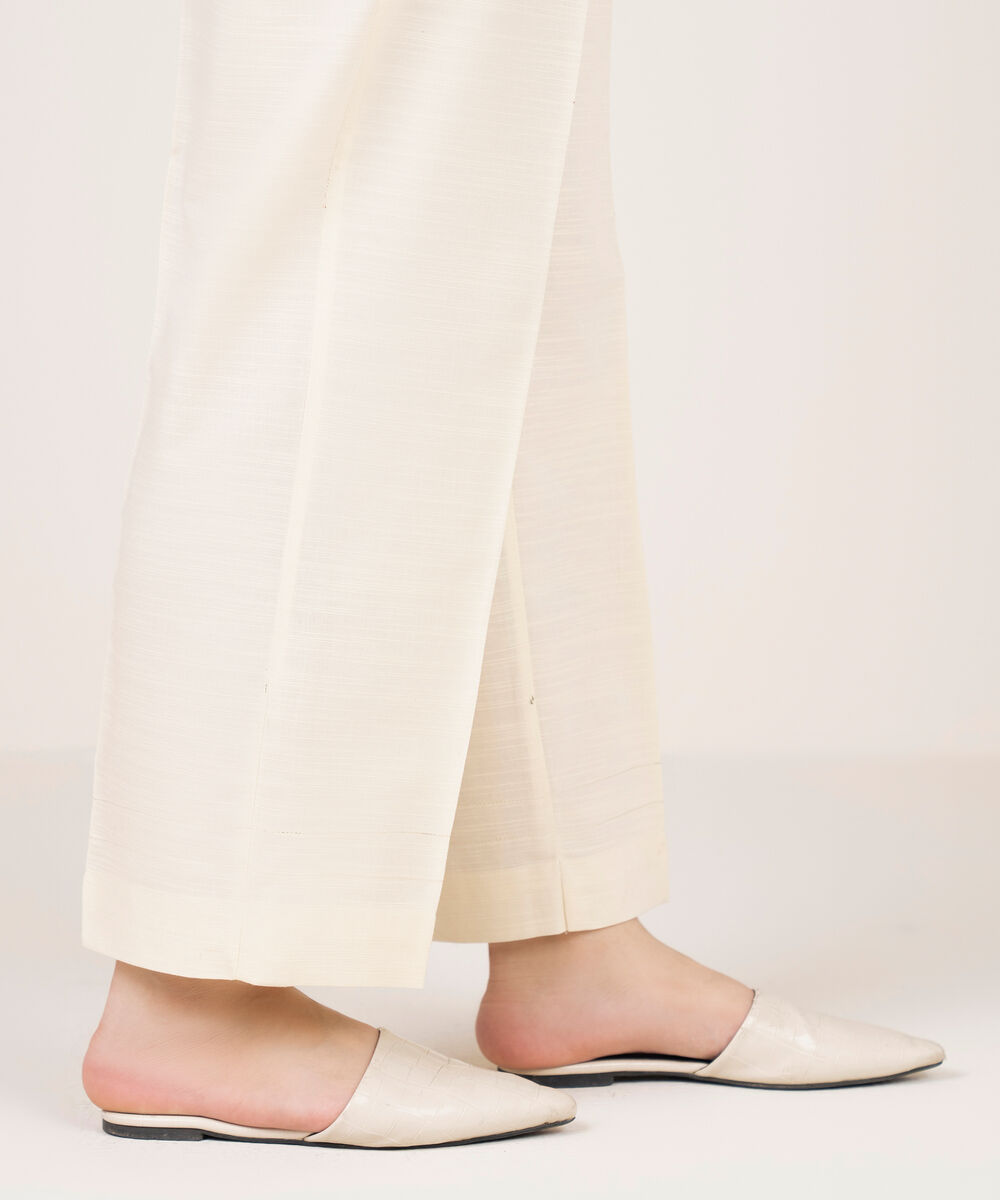 Women's RTW Light Khaddar Solid Off White Straight Pants
