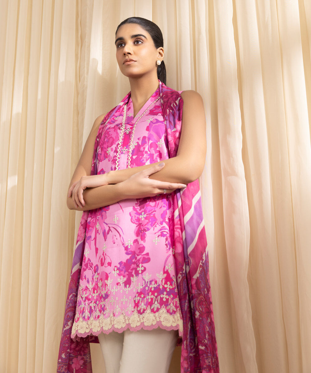 Unstitched Women's Embroidered Lawn Pink Three Piece Suit