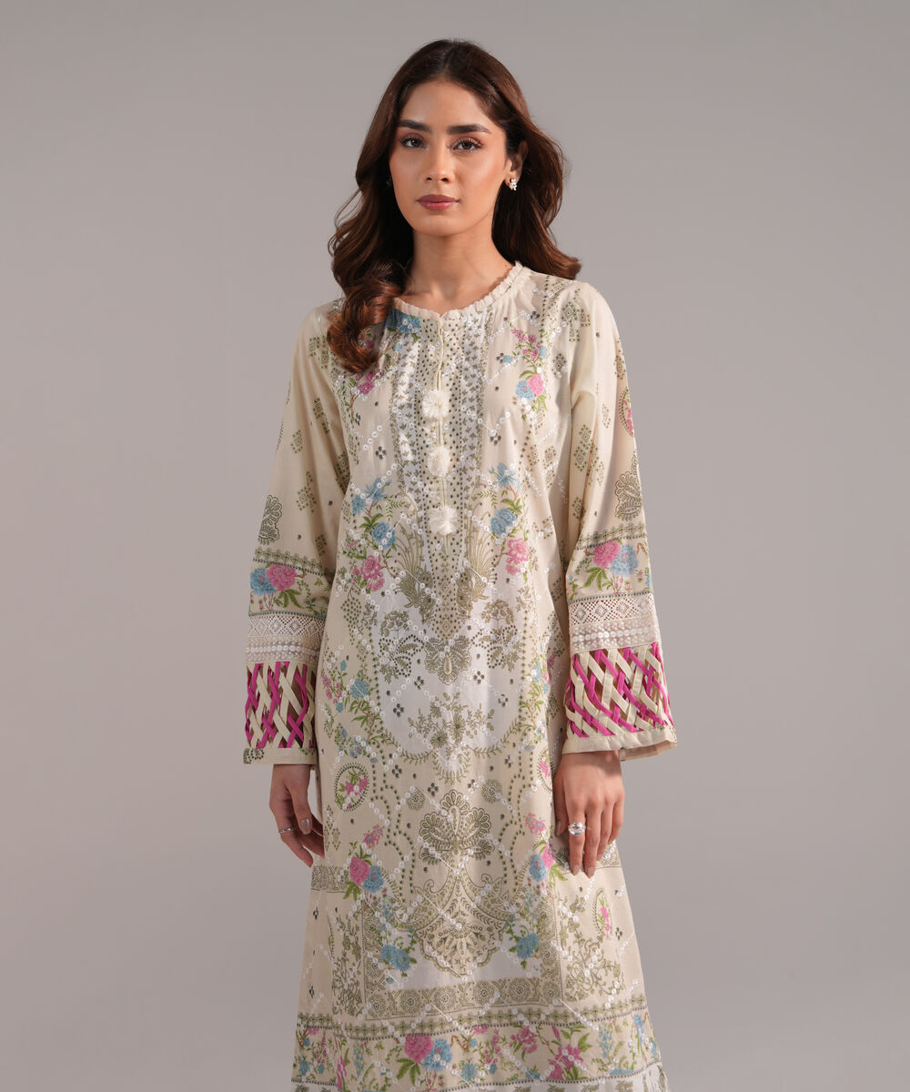 Women's RTW Lawn Embroidered Light Green A-Line Shirt