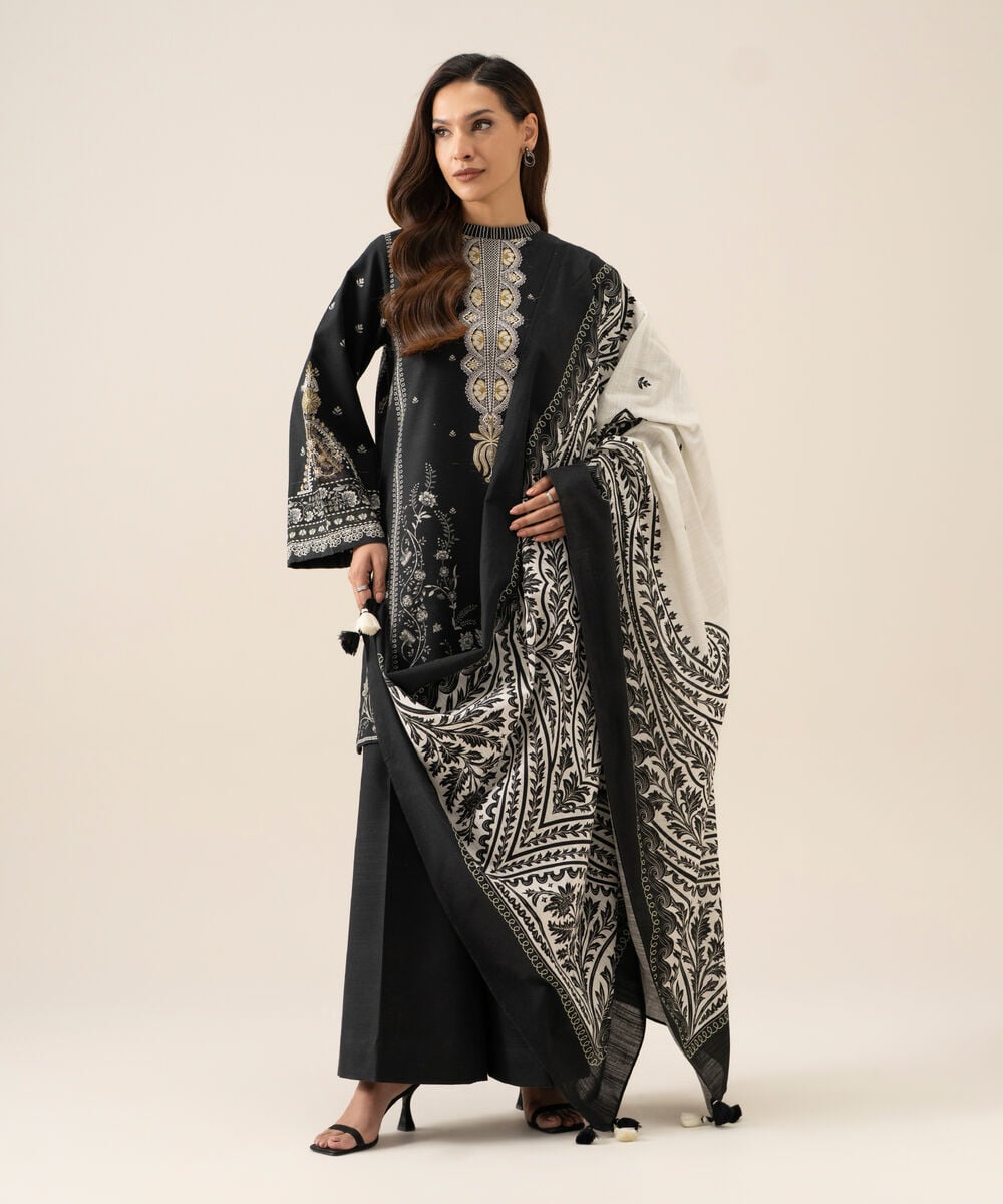 Women's Unstitched Light Khaddar Printed Black 3 Piece Suit